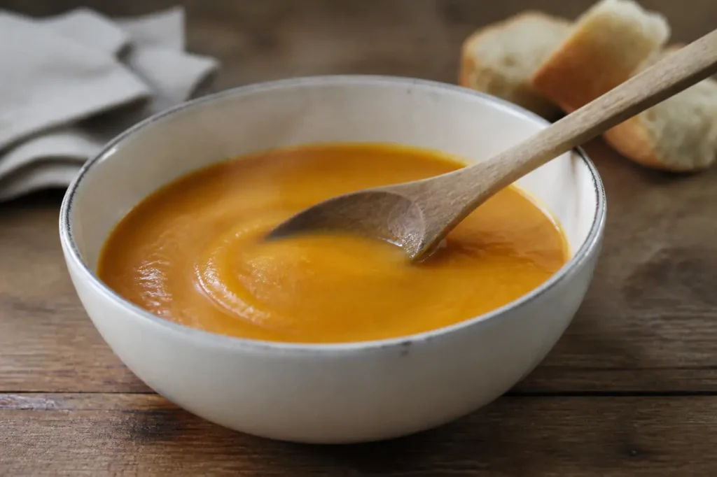 Bol blanc de potage orange fumant, cuillere en bois