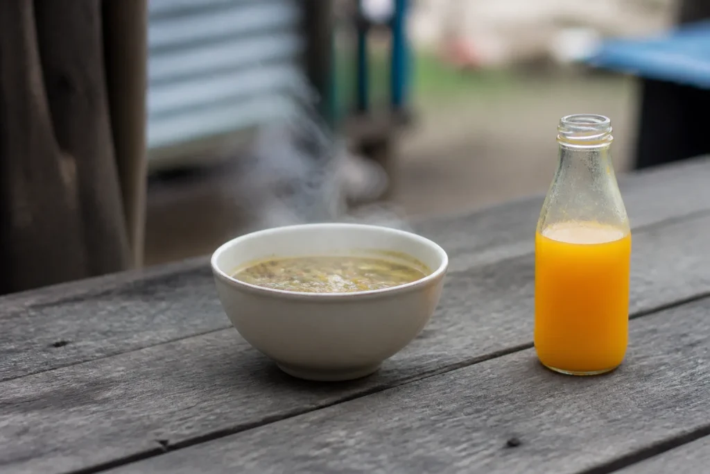 Bol de soupe fumante pres d'une bouteille d'orange