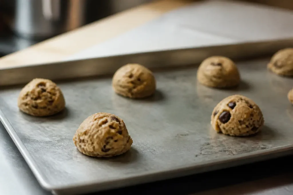 Boules de pate a cookies sur plaque metallique