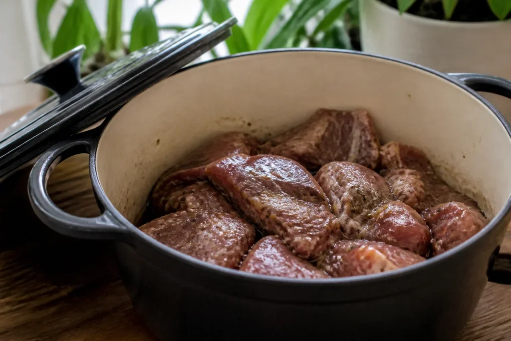 Cocotte en fonte ouverte remplie de viande marinee