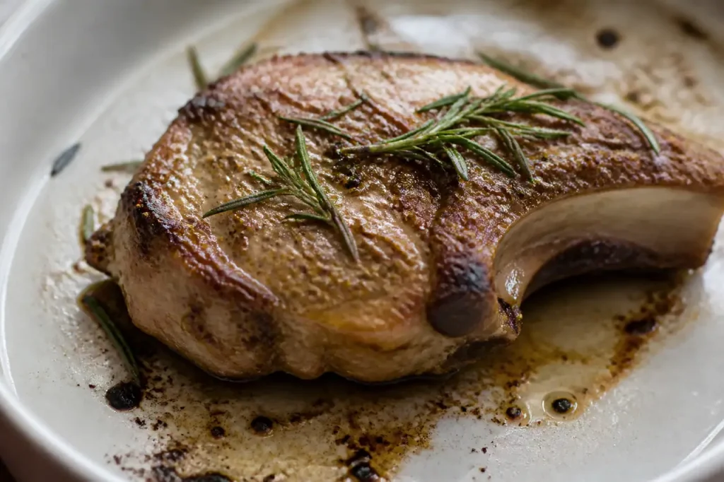 Cote de porc doree avec moutarde et romarin frais