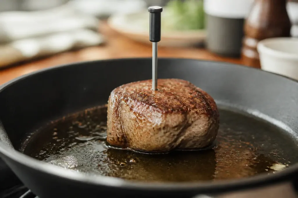 Filet mignon dore avec thermometre plante au centre