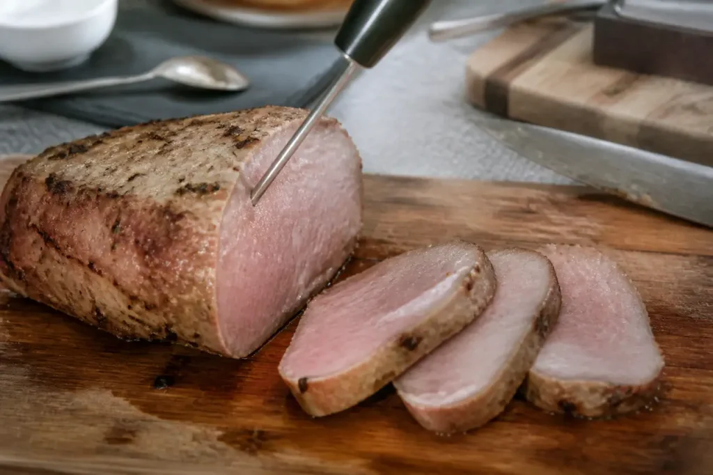 Filet de porc rose tranche avec thermometre de cuisine