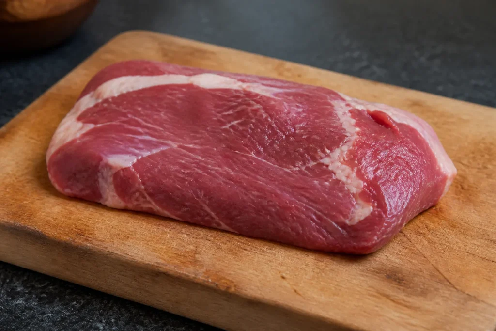 Morceau de viande crue sur planche en bois