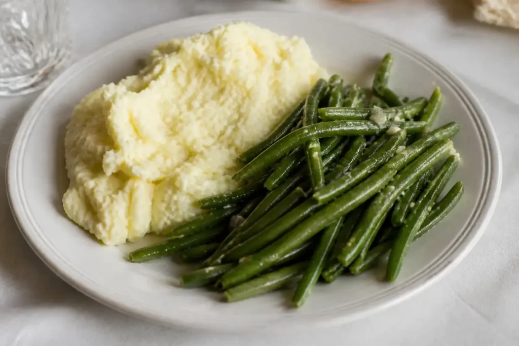 Puree onctueuse et haricots verts sautes a l'ail