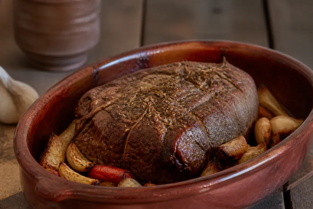 Roti de boeuf dore dans un plat en terre