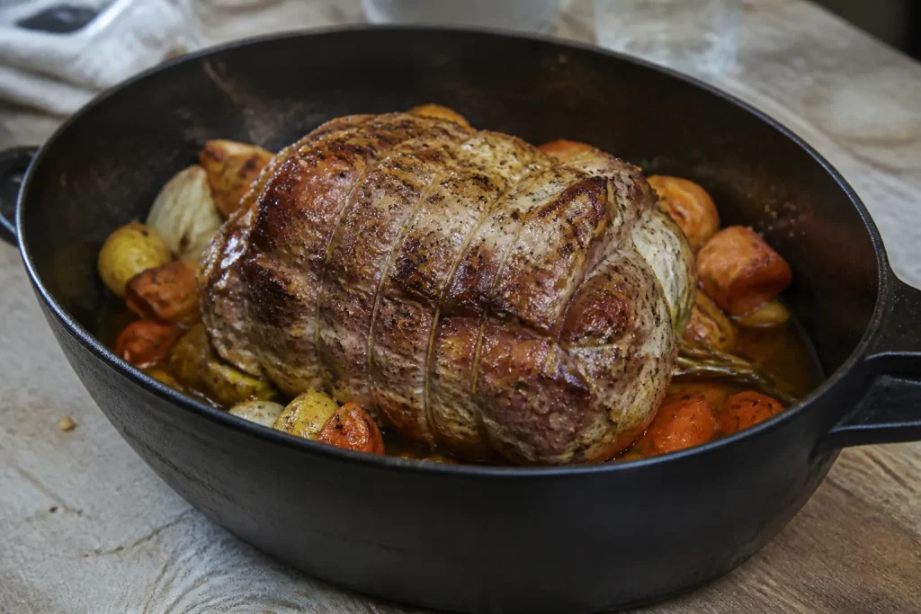Roti dore dans un plat en fonte avec legumes
