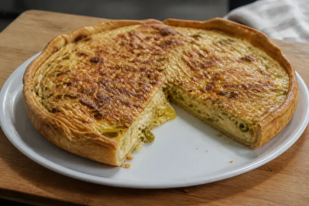 Tarte aux poireaux doree avec une part decoupee