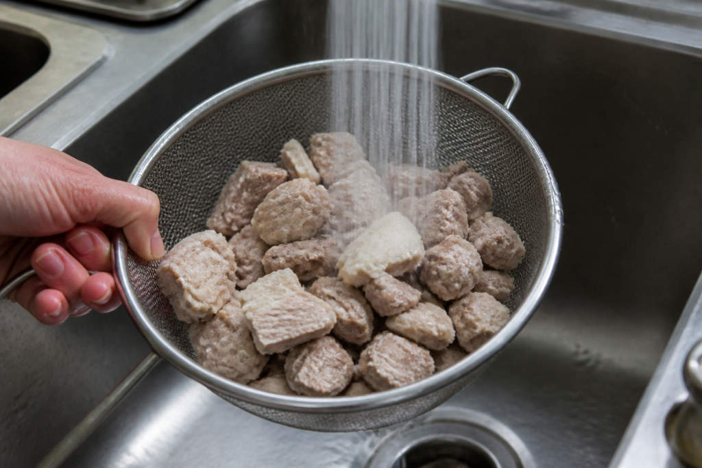 Viande de porc rincee dans passoire apres cuisson